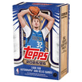 2025/26 Topps Basketball blaster box packaging, blue with basketball and player art, Topps logo