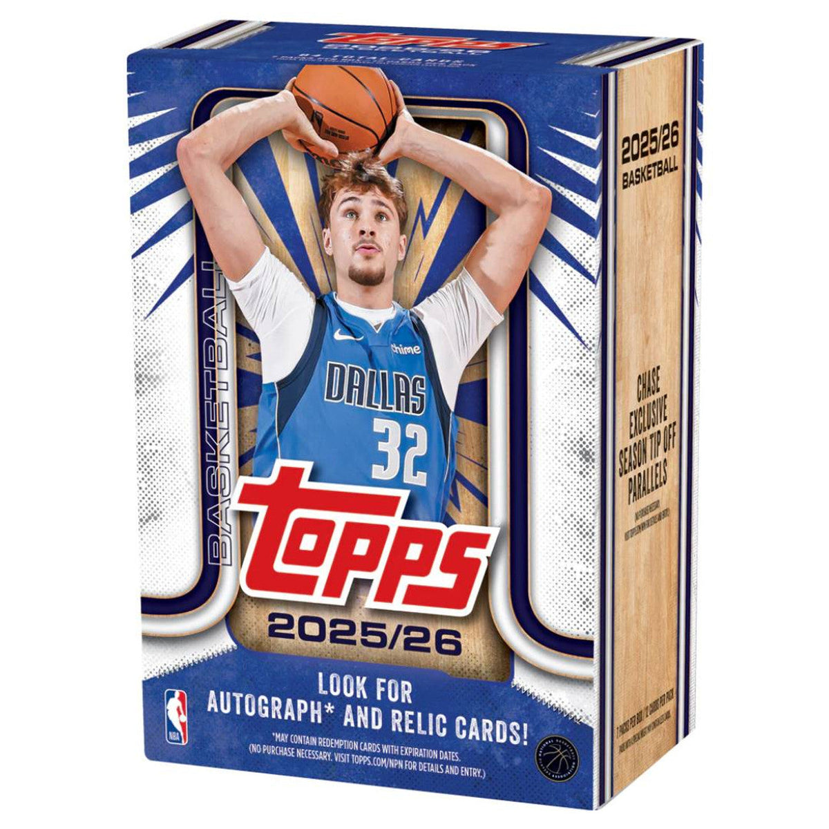 2025/26 Topps Basketball blaster box packaging, blue with basketball and player art, Topps logo