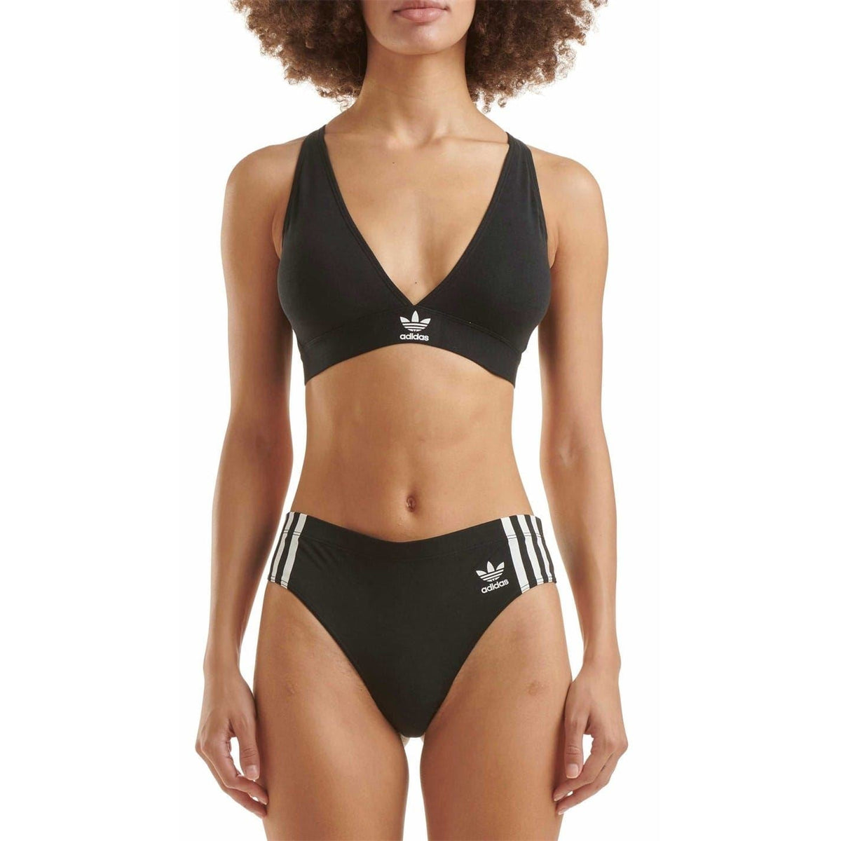adidas Originals Comfort Flex cotton triangle bra, soft white fabric with subtle logo detail, worn as a casual top or undergarment