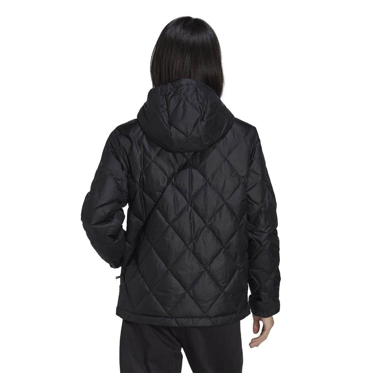 adidas Originals hooded regular fit down jacket, black coat with front zipper and side pockets, casual outerwear for cold weather