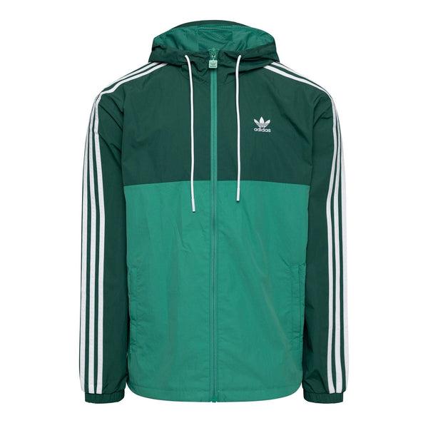 adidas Originals woven full-zip windbreaker jacket with hood, lightweight coat featuring zip closure and sporty design.