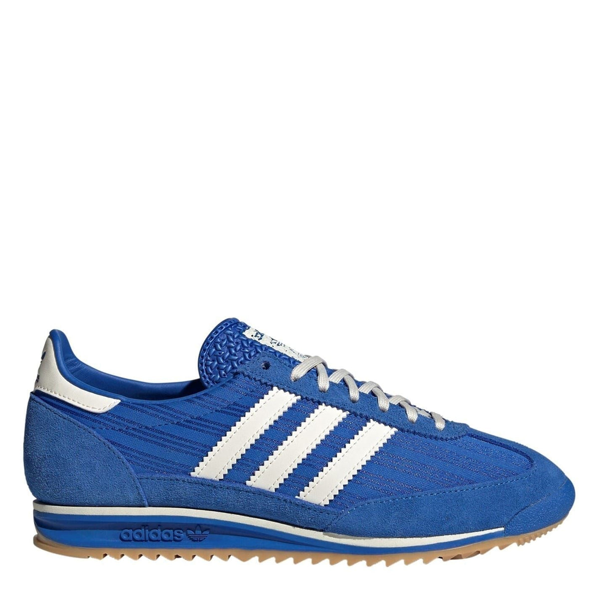 adidas Originals Sl72 shoes in classic white with blue accents, showcased on a plain background, highlighting their sporty design.