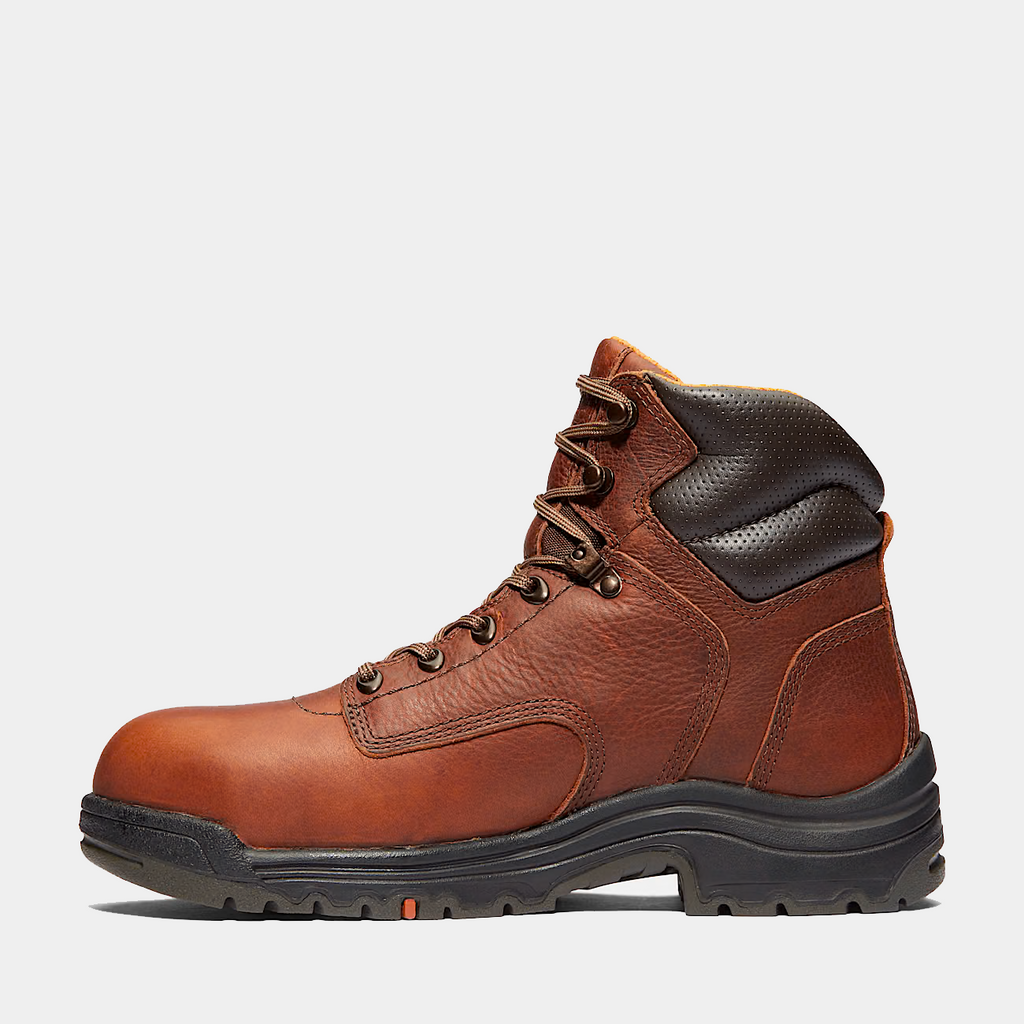 Brown high-top safety toe work boot, front side view, padded collar and rugged sole