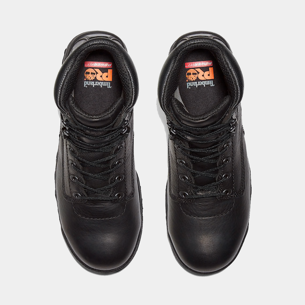 Black safety toe work boots top view with lace-up closure and padded tongue