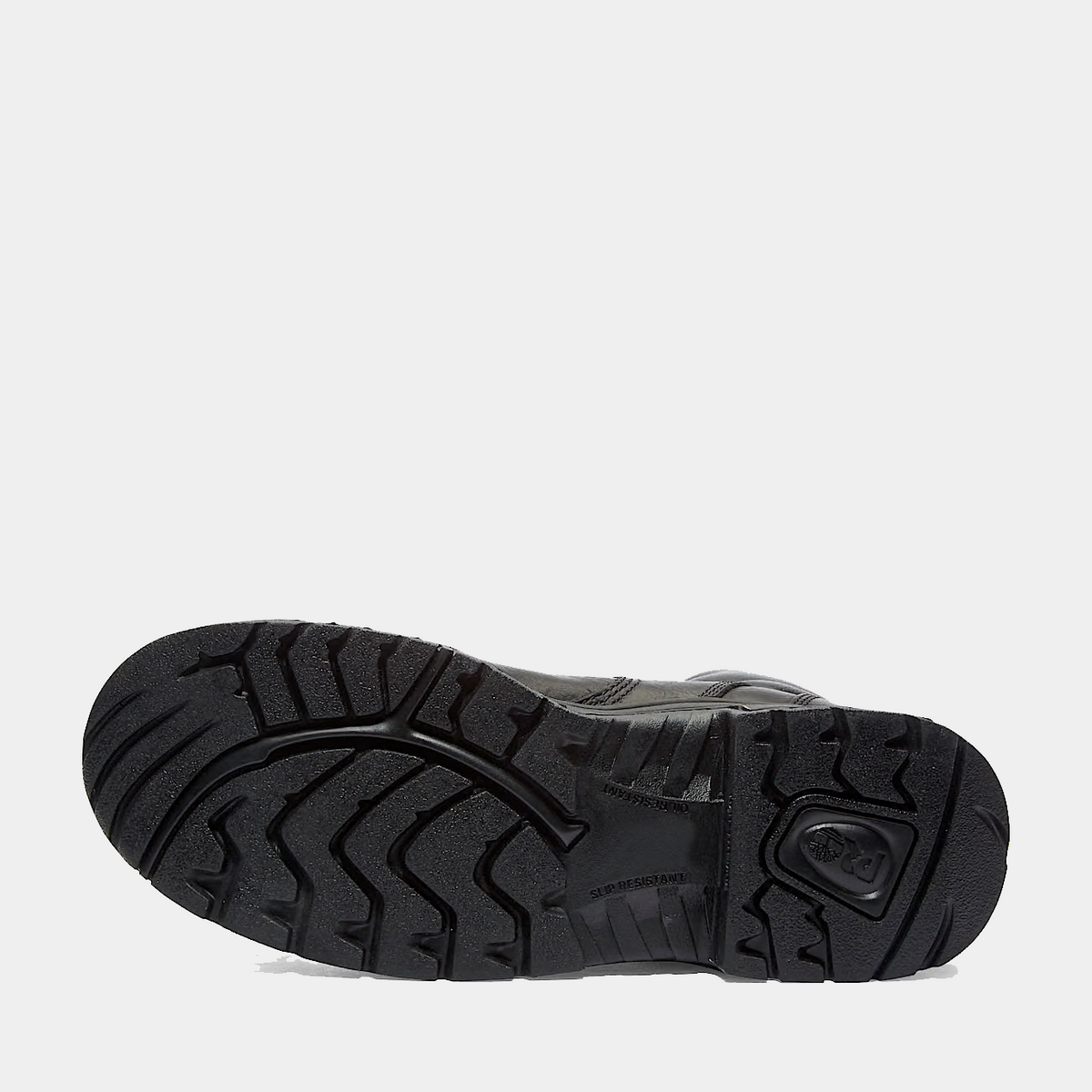 Black work boot outsole with deep tread pattern for slip resistance