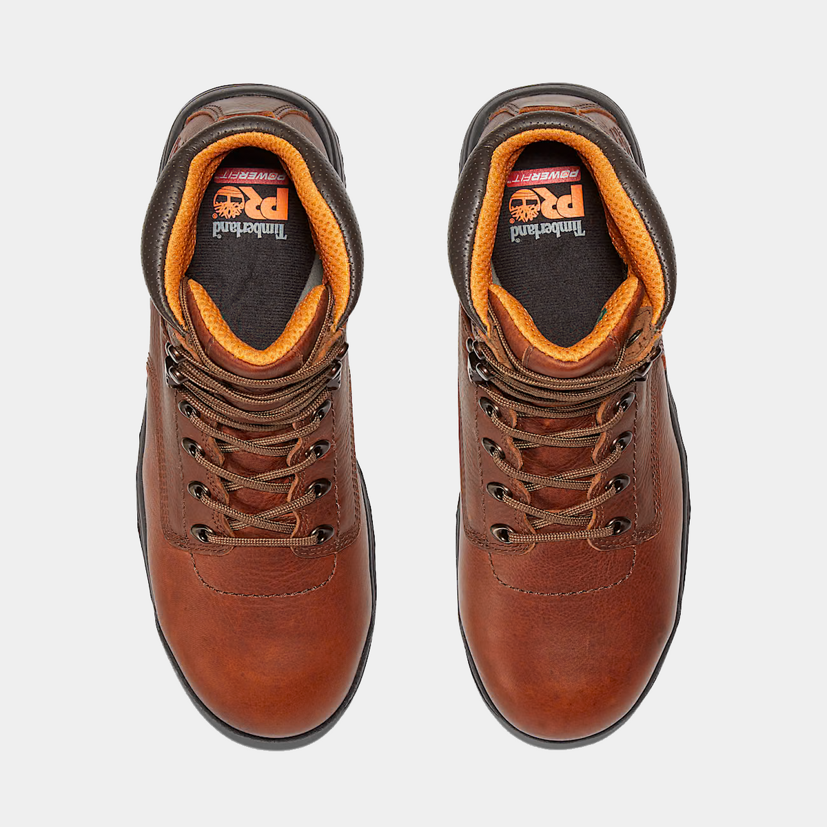 Brown safety work boots front view with black sole and orange-lined collar