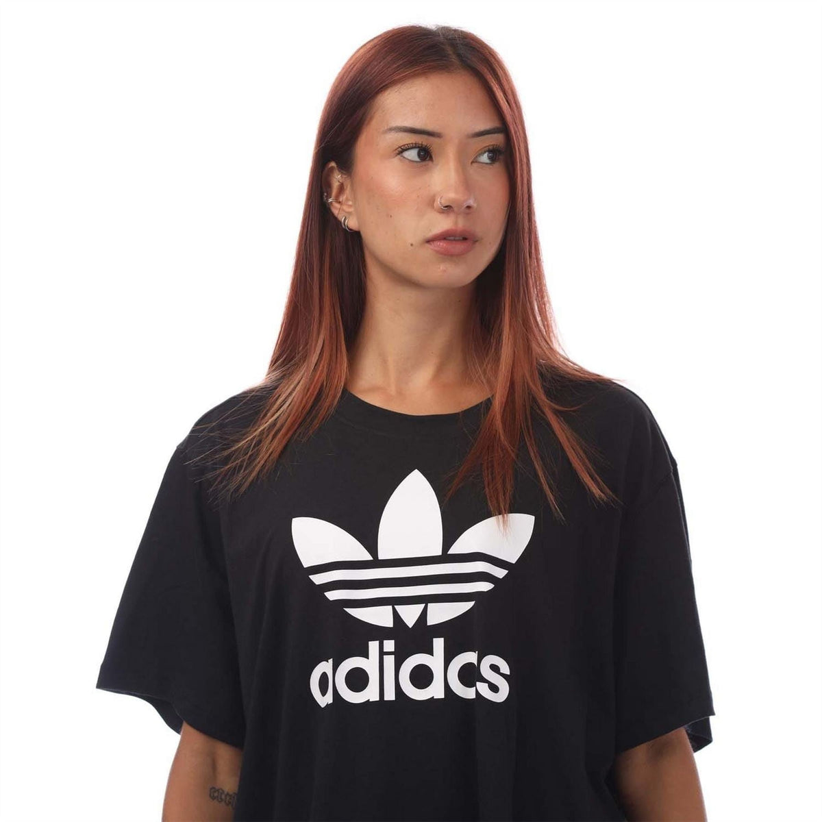 Plus size adidas Originals Trefoil Boxy T-shirt, casual top in white with iconic logo, front view showing relaxed fit and short sleeves.