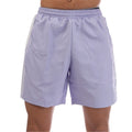 adidas Originals lockup swim shorts with elasticated waistband, navy blue color, front view, casual swimwear for men