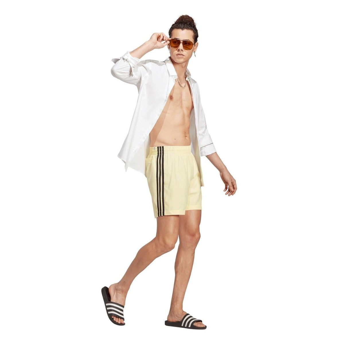 adidas Originals Ori 3 Stripes swim shorts featuring classic design and bold side stripe details, ideal for swimming and beachwear
