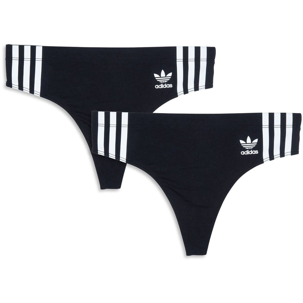 adidas Originals Comfort Flex cotton thong underwear pack showing two white and black thong styles with soft elastic waistband
