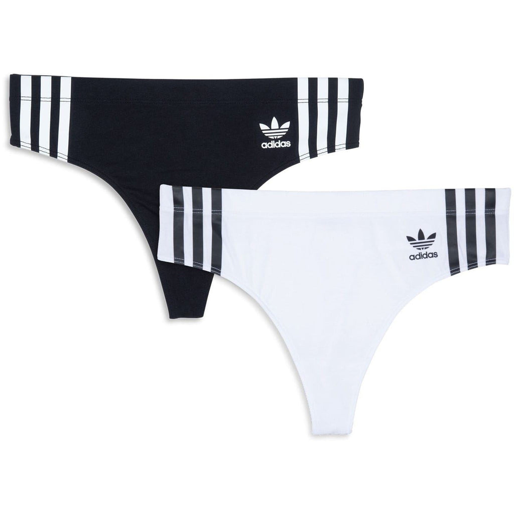 adidas Originals Comfort Flex cotton thong pack showing two white and black underwear pieces with soft fabric and elastic waistband.