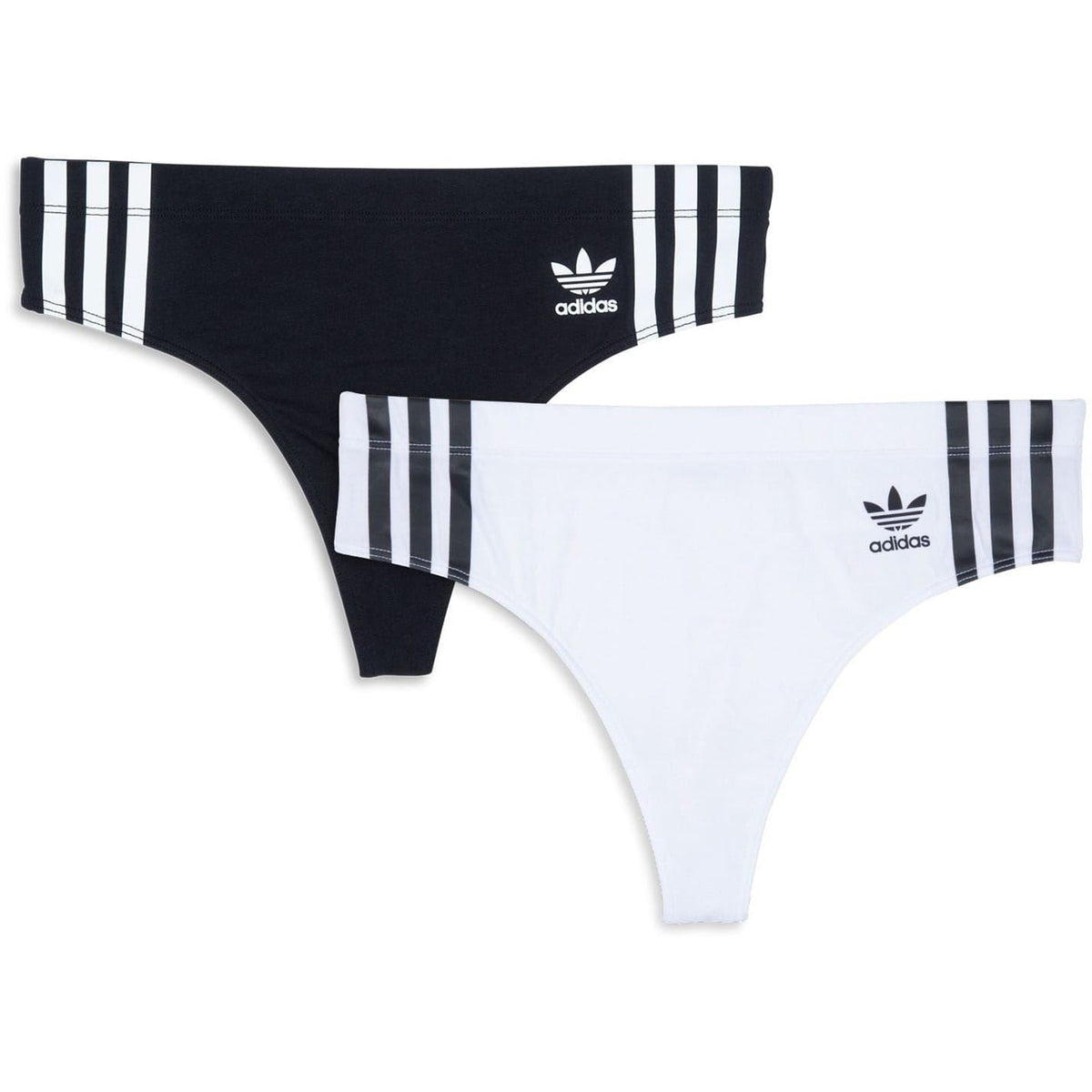 adidas Originals Comfort Flex cotton thong pack showing two white and black underwear pieces with soft fabric and elastic waistband.