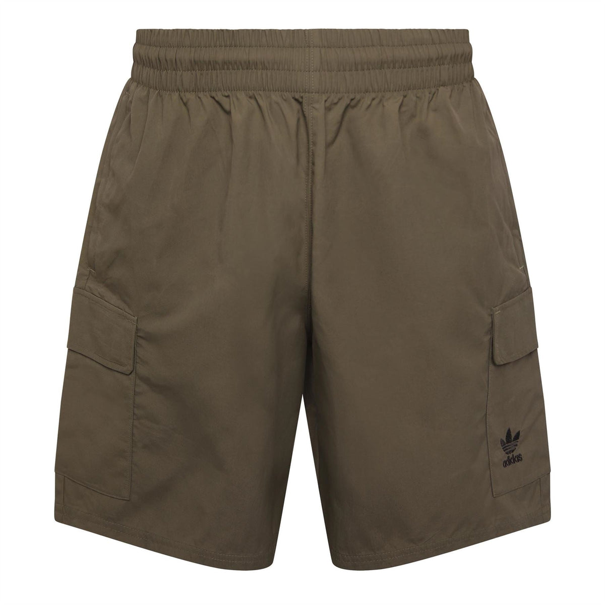 adidas Originals Trefoil Essentials woven cargo shorts with multiple pockets and relaxed fit, displayed on a neutral background.