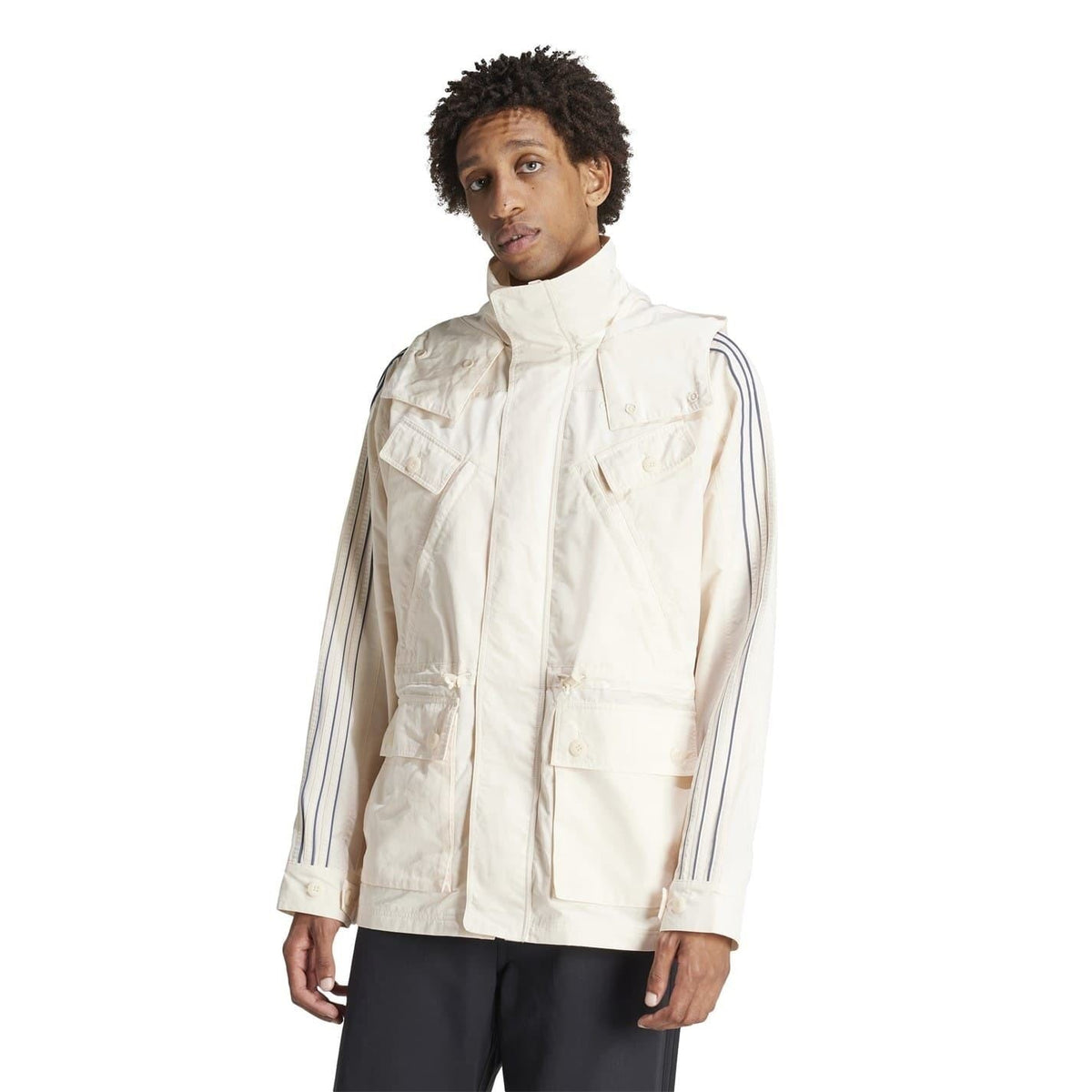 adidas Originals windbreaker jacket with external pocket, lightweight coat with hood, black color, suitable for outdoor wear