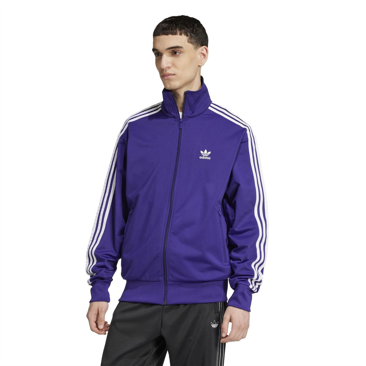 adidas Originals Firebird zip neck long sleeve athletic top, black tracksuit top with stand-up collar and zip closure
